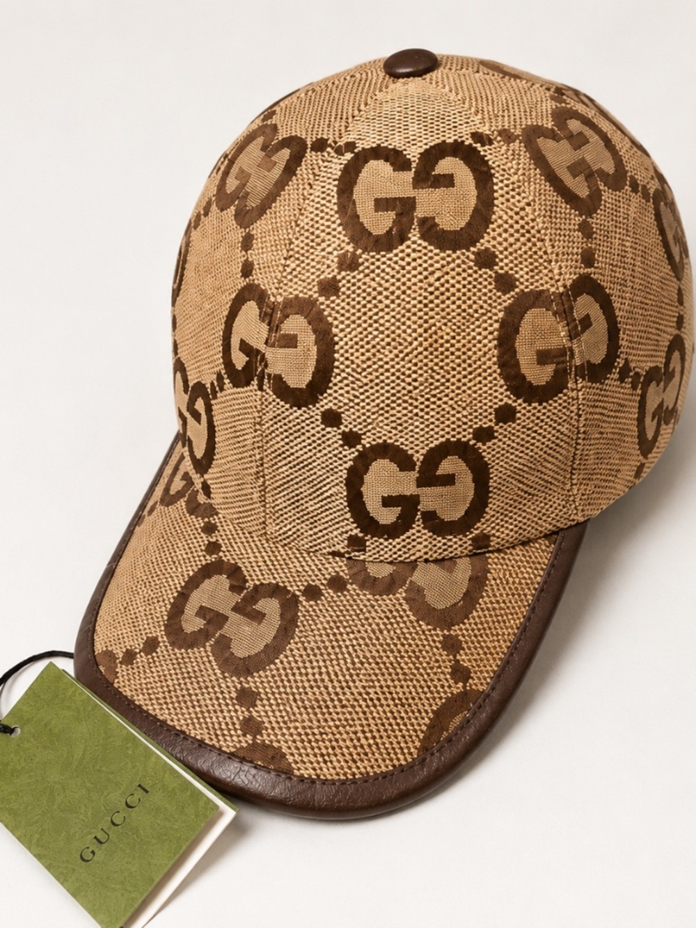 Gucci Jumbo GG Canvas Baseball Cap Hat Camel Ebony Leather Trim Authentic